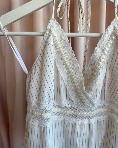 2000's USA Made Cream Pinstripe Crochet Trim Halter Top