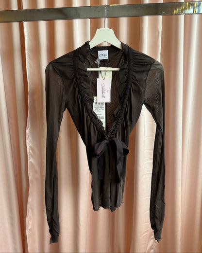 Paola Frani Dark Brown Ruffle Tie Long Sleeve Top