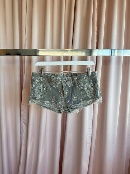 ifsixwasnine Lace Overlay Mud Max Denim Micro Mini Shorts