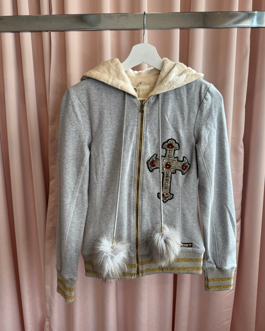 Italian Brand Deadstock Bejewelled Cross Faux Fur Lined Zip Up Hoodie