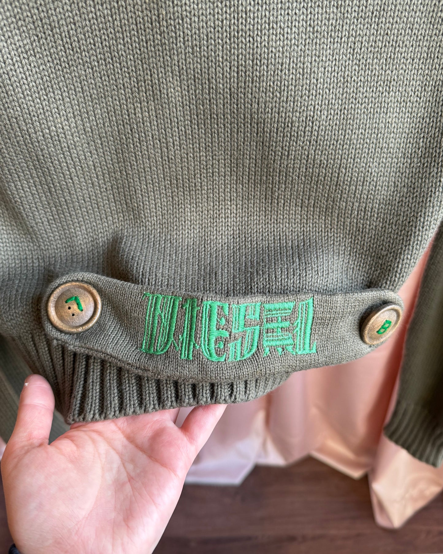 Diesel Khaki Double Breasted Cotton Knit Cardigan