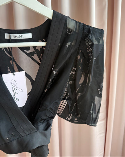 Japanese Brand Cropped Black Floral Wrap Top