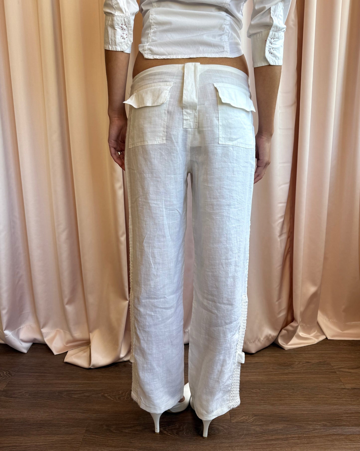 Belted Fishnet Lightweight White Cotton Trousers