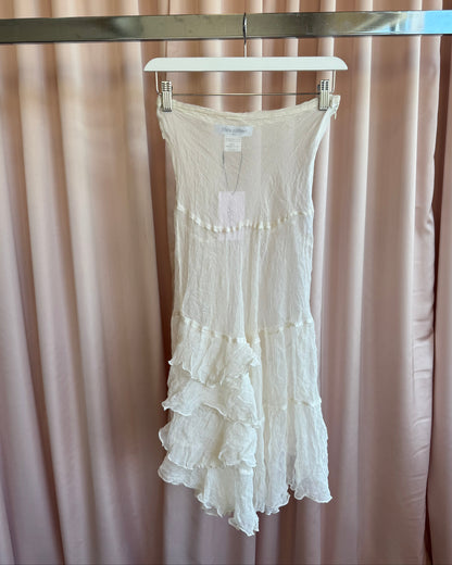 Parisian Designer Sheer White 100% Silk Bias Cut Ruffle Tiered Skirt
