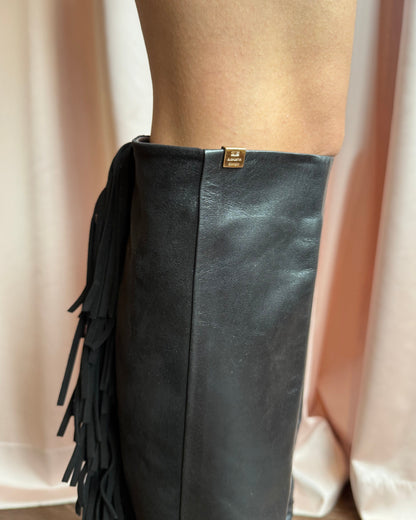 Italian Designer Black Suede & Leather Fringe Boots