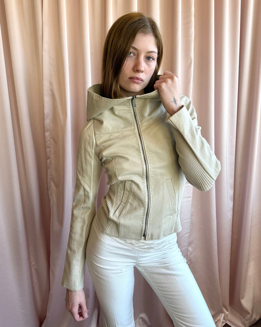 Cream Leather Wide Neck Rib Knit Zip Up Sweater