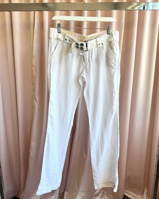 2000's EDC by Esprit Deadstock Cream White Linen Belted Wide Leg Pants