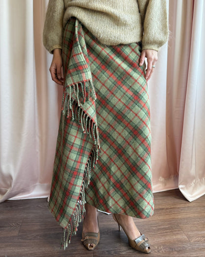Canadian Made Wool Mohair Blend Plaid Wrap Over Maxi Skirt