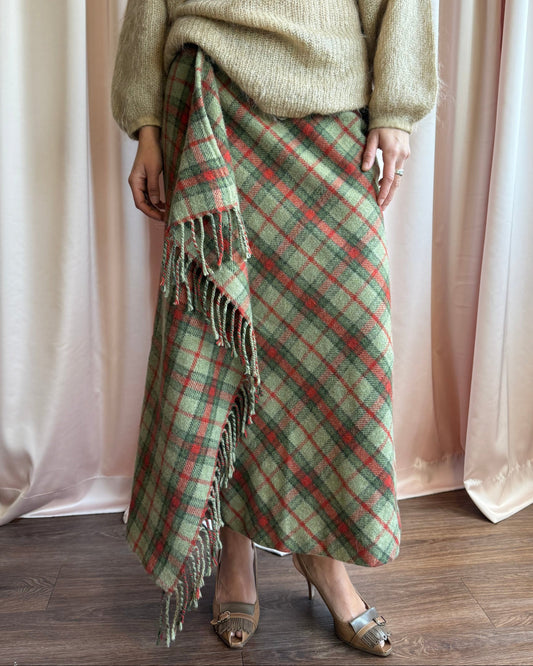 Canadian Made Wool Mohair Blend Plaid Wrap Over Maxi Skirt