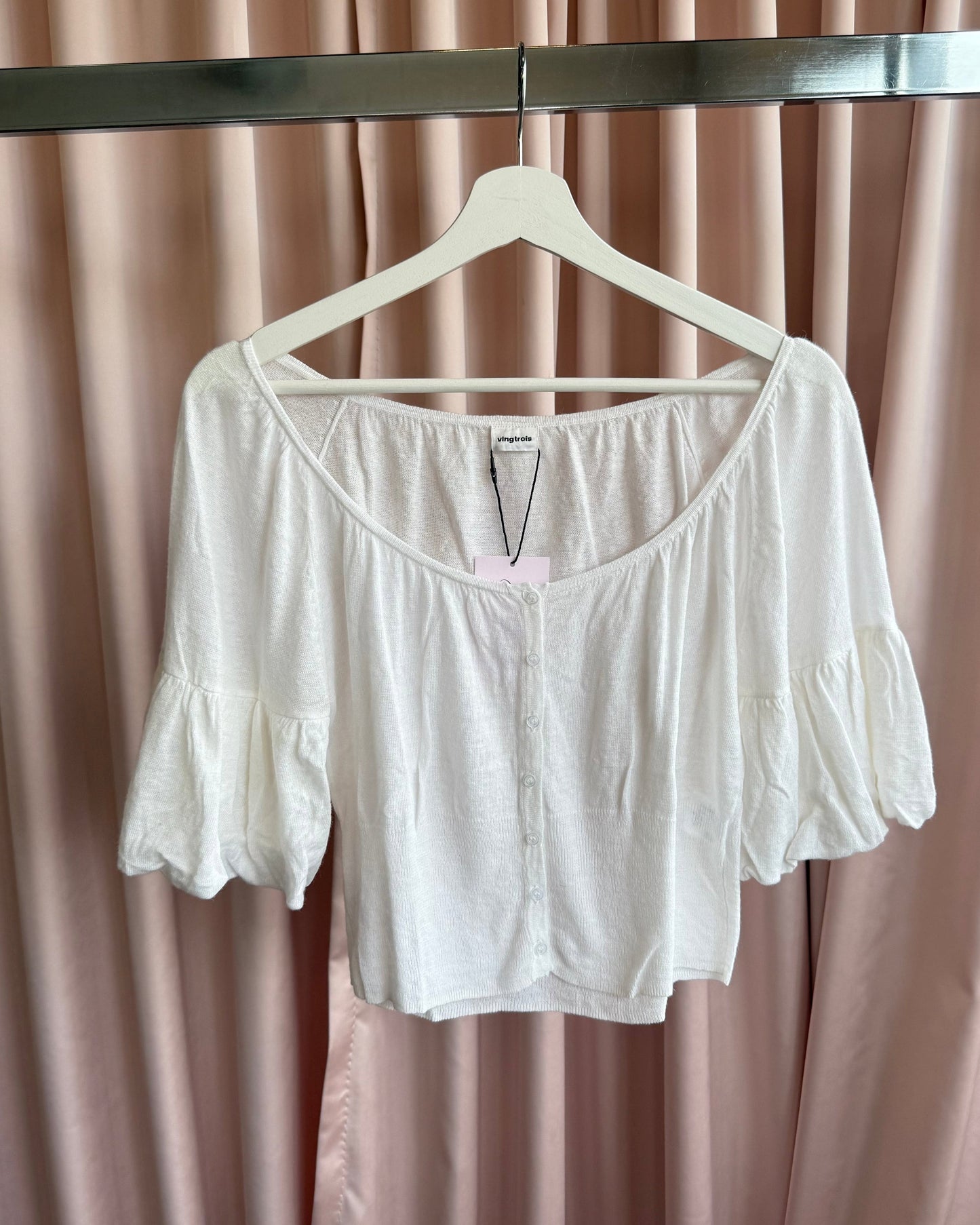 Japanese Brand White Linen Blend 5/8 Sleeve Cardigan
