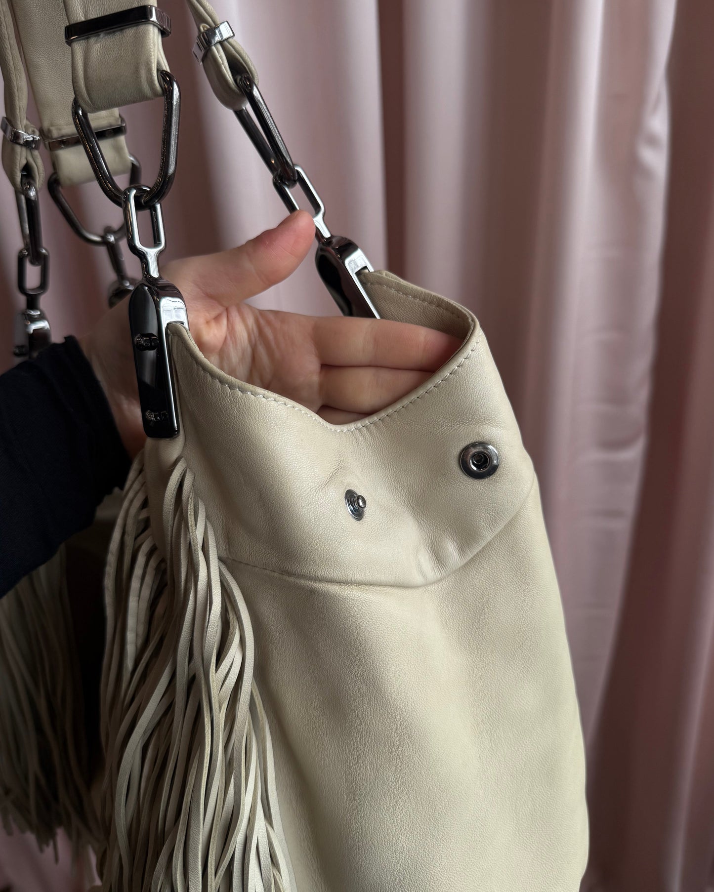 Céline Dimitri Cream Leather Fringe Hobo Handbag