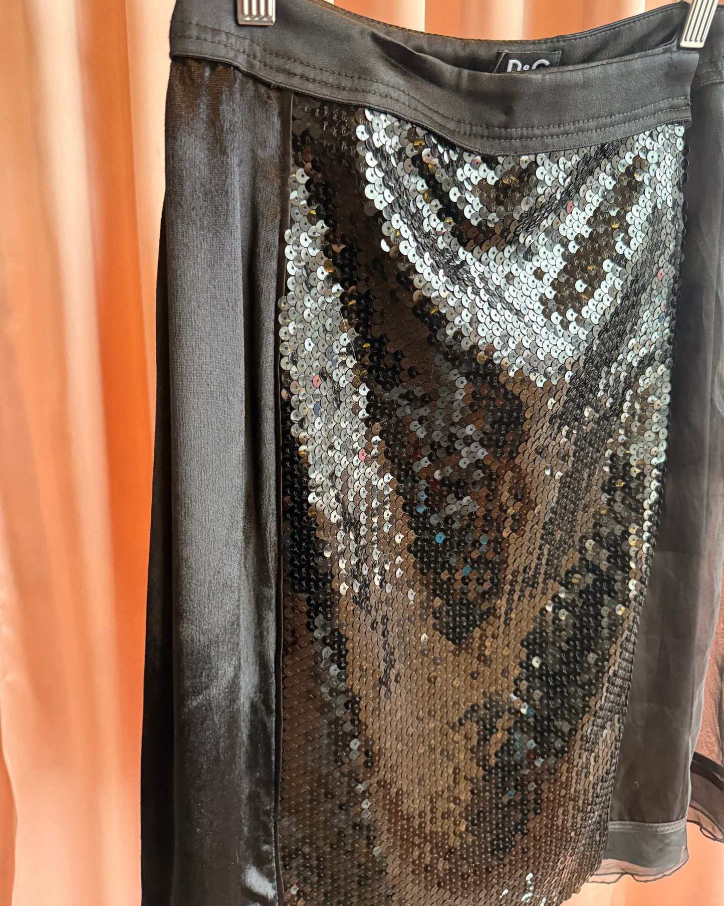 D&G Silk Panelled Wrap Style Black Sequins Midi Skirt