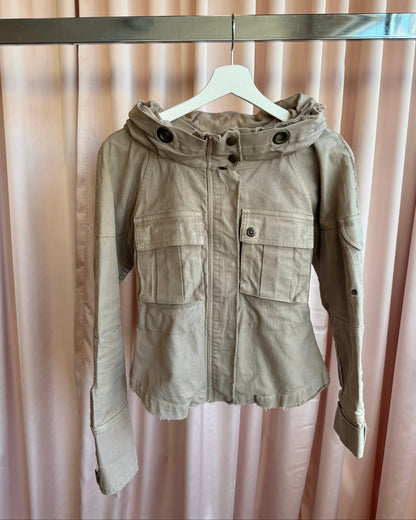 Japanese Brand Khaki Collapsible Zip Hood Wide Neck Cargo Jacket