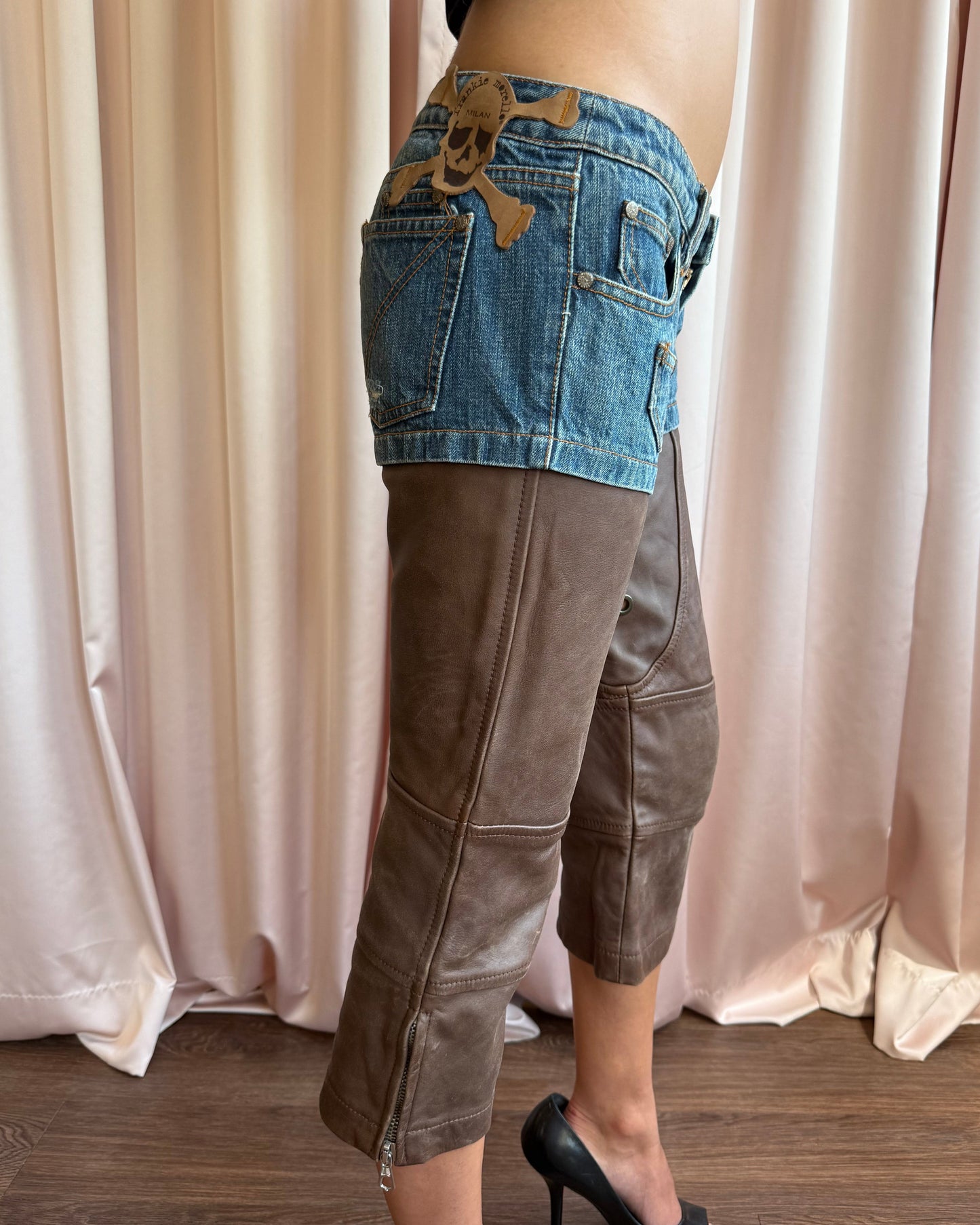 Italian Brand Hybrid Denim & Brown Leather Cropped Pants