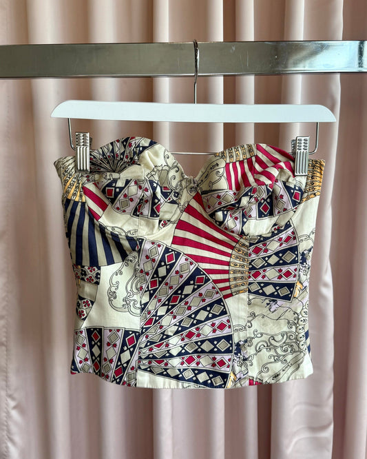 Laurèl by Escada 1980's Fan Print Cotton Bustier Top