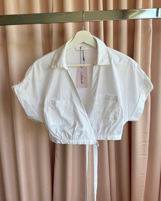 French Brand Cropped White Wrap Tie Blouse