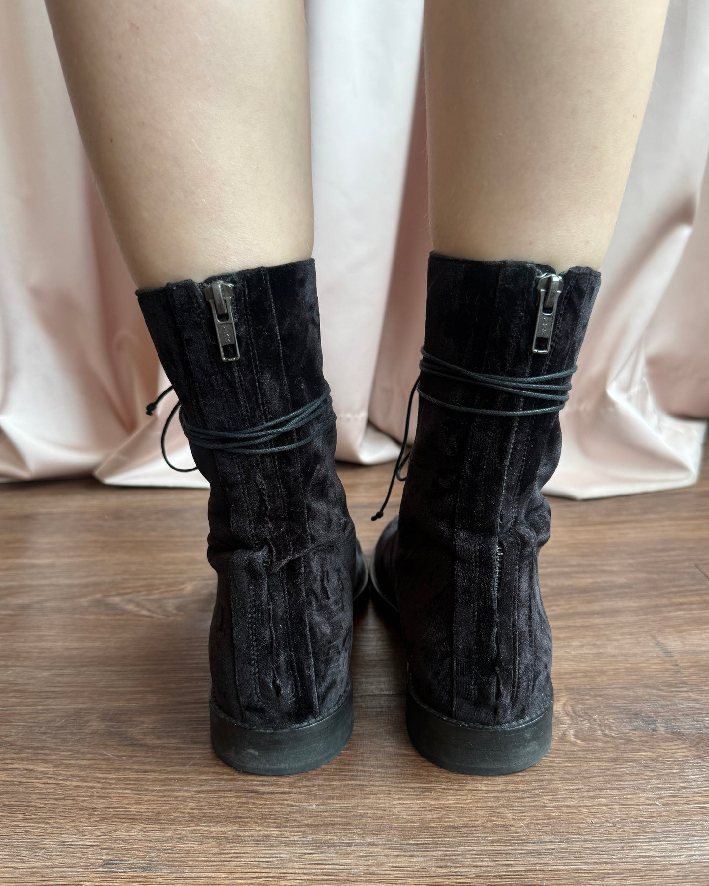 Ann Demeulemeester Black Velvet Laced Combat Boots