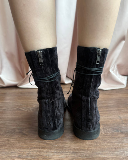 Ann Demeulemeester Black Velvet Laced Combat Boots