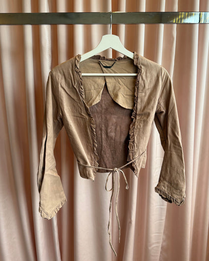 Sisii Faded Pink Ruffle Trim Waist Tie Leather Jacket