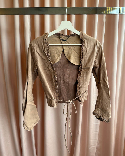 Sisii Faded Pink Ruffle Trim Waist Tie Leather Jacket