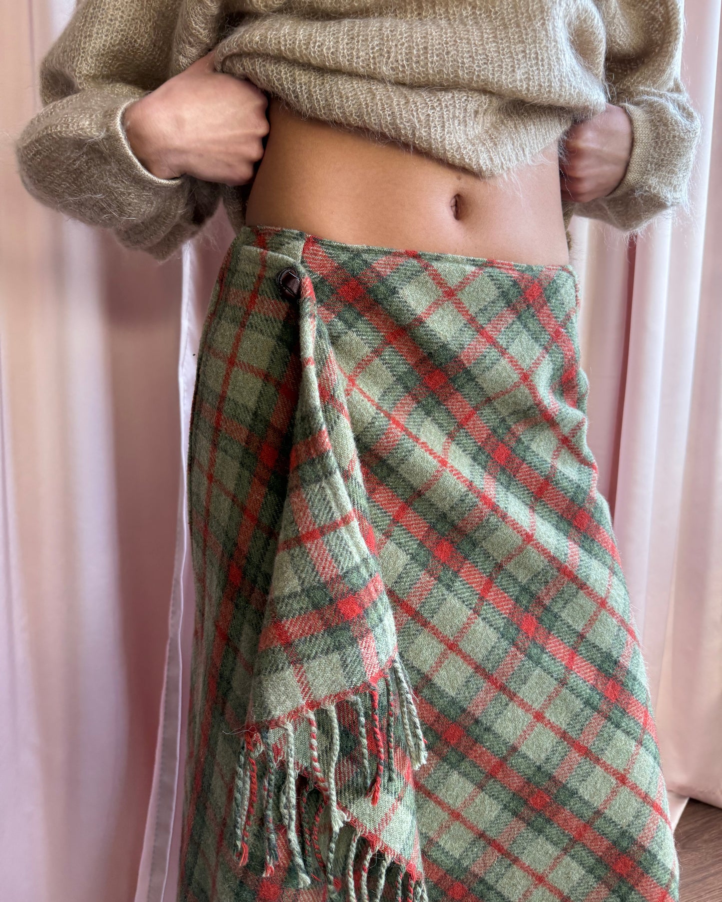 Canadian Made Wool Mohair Blend Plaid Wrap Over Maxi Skirt