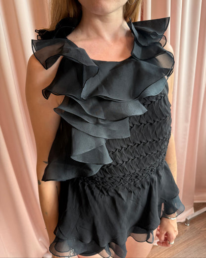 Diane Von Furstenberg Black Silk Asymmetrical Ruffle Bodysuit