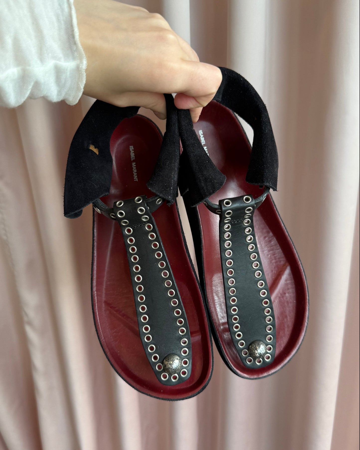 Isabel Marant Black Leather & Suede Grommet Thong Sandals