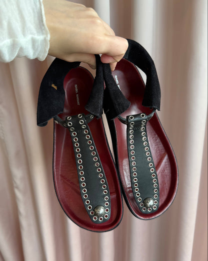 Isabel Marant Black Leather & Suede Grommet Thong Sandals