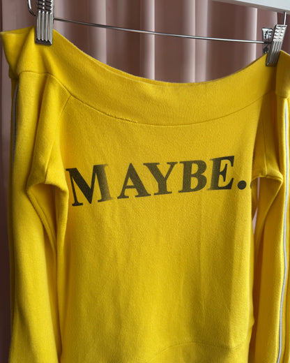Yellow "Maybe..!" Off The Shoulder Zipper Long Sleeve Top