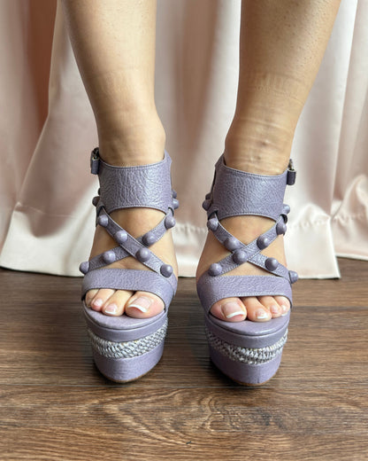 Balenciaga Lavender Leather Studded Wedge Sandals