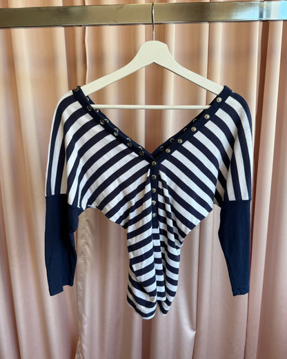 Navy & White Striped Snap Button Long Sleeve Top