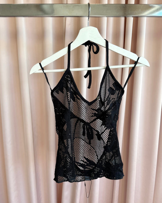 Diesel Black Fishnet Lace Open Back Halter Top