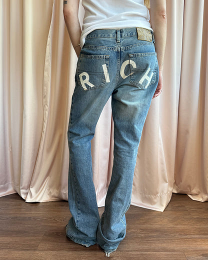 Richmond Denim “RICH” White Spell Out Flare Leg Jeans