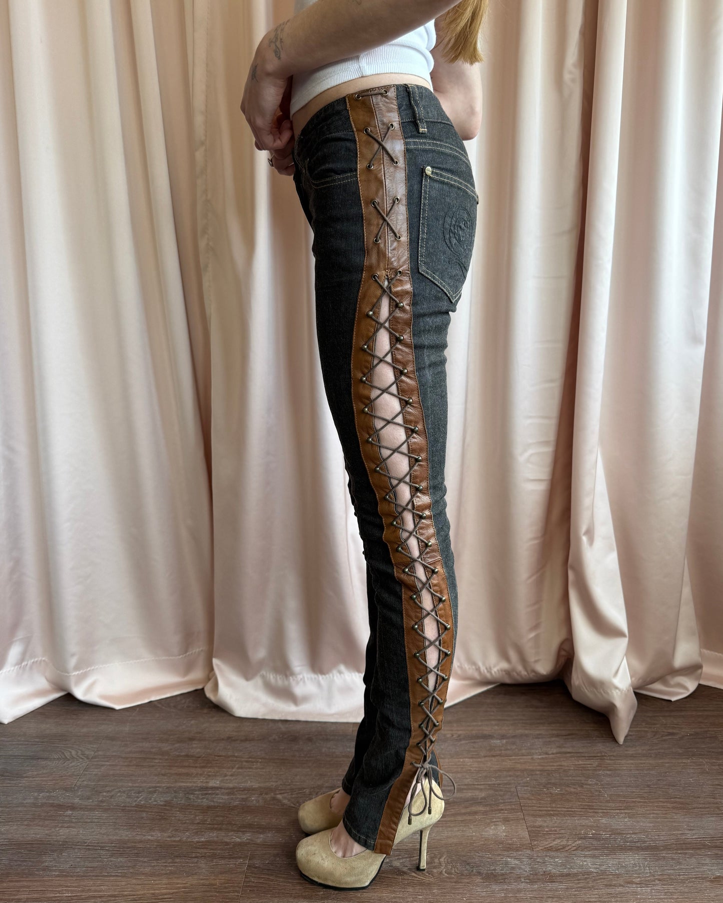 Alexander McQueen F/W 2002 "Supercalifragilistic" Lace Up Leather Denim Skinny Jeans