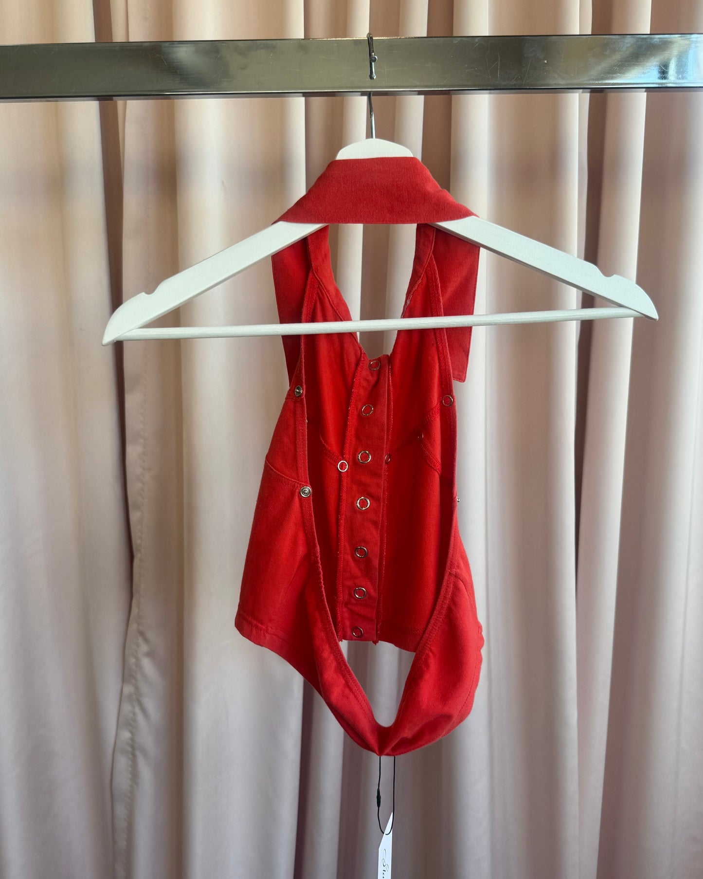 1990's Coral Red Cropped Collared Button Up Halter Top