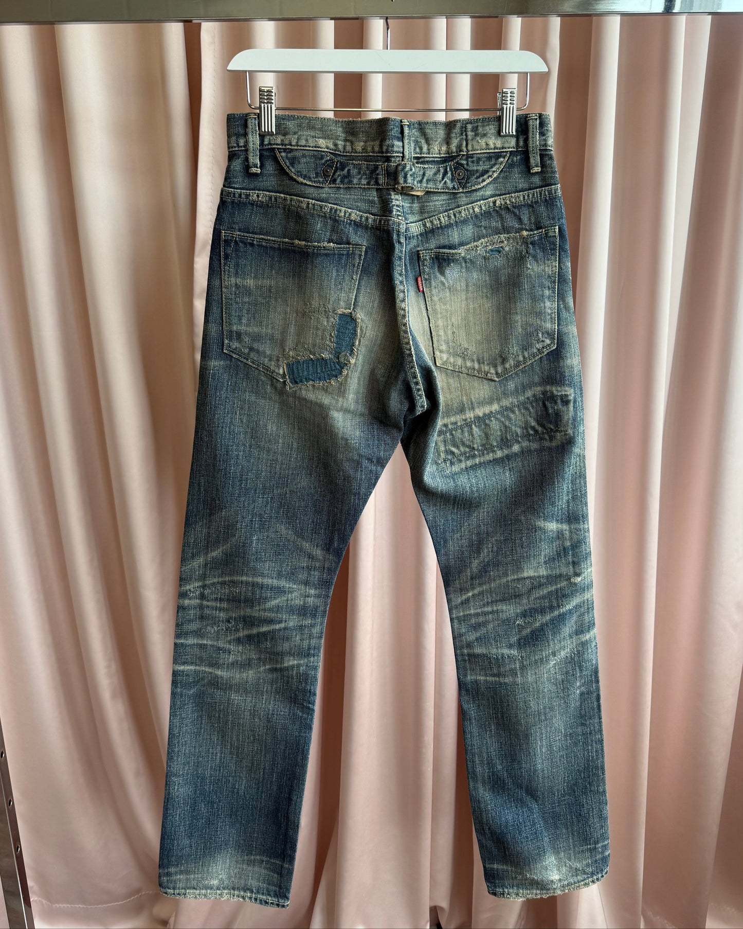 Japanese Brand Selvedge Cinch Back Faded Repaired Denim