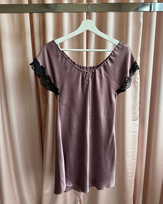 1990's Dusty Purple 100% Silk Lace Trim Dress