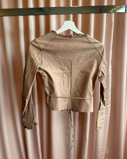 Sisii Faded Pink Ruffle Trim Waist Tie Leather Jacket