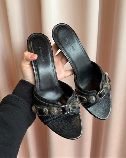 Balenciaga Cagole Studded Black Leather Mules