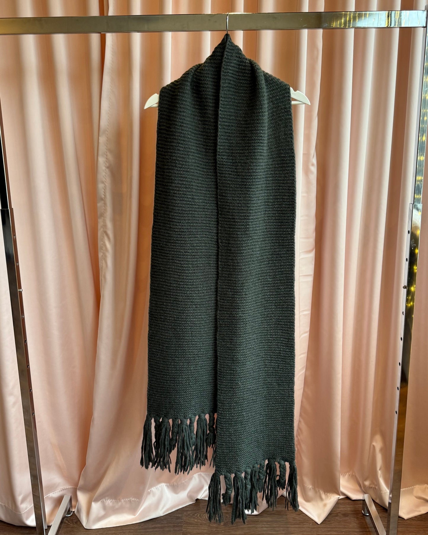 Dark Green Alpaca Blend Knit Fringe Scarf