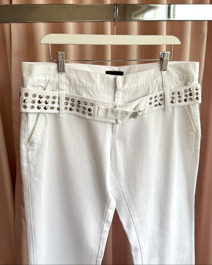 Richmond 'X' Cone Studded Grommet Belted White Pants
