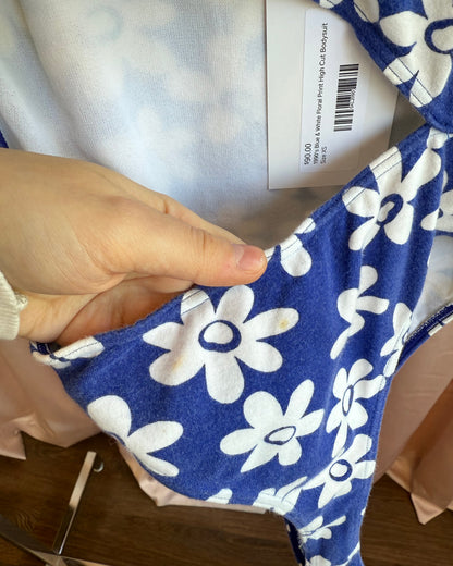 1990's Blue & White Floral Print High Cut Cotton Bodysuit