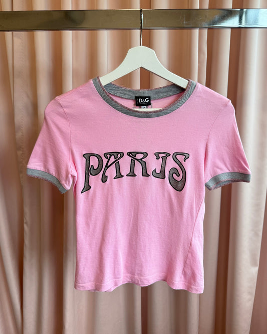 D&G "Paris" Graphic Pink & Grey Ringer T-Shirt
