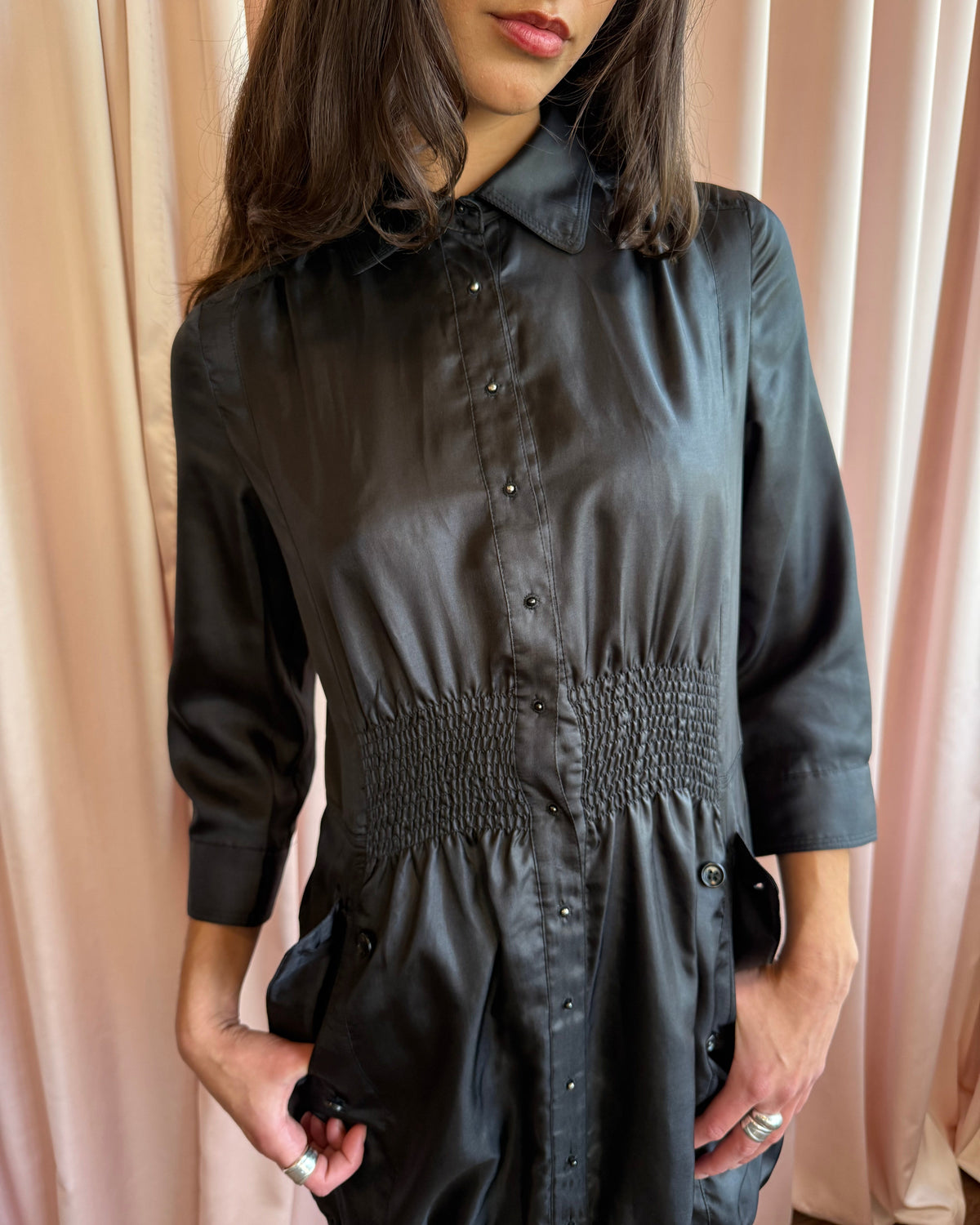 Japanese Brand Black Mini Shirt Dress