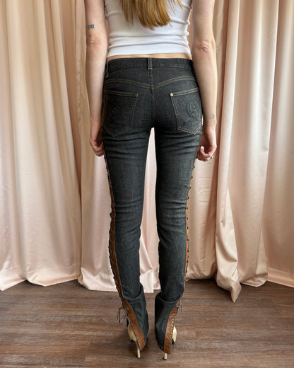 Alexander McQueen F/W 2002 "Supercalifragilistic" Lace Up Leather Denim Skinny Jeans