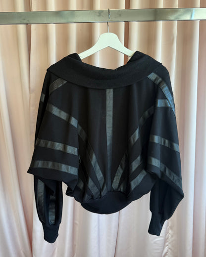 1980's Karen Perry Black Leather Trim Zip Up Sweater