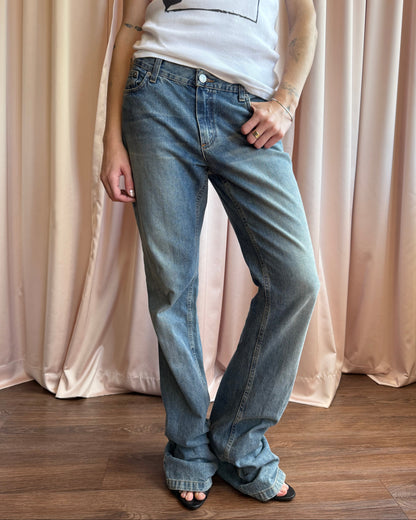 Richmond Denim “RICH” White Spell Out Flare Leg Jeans