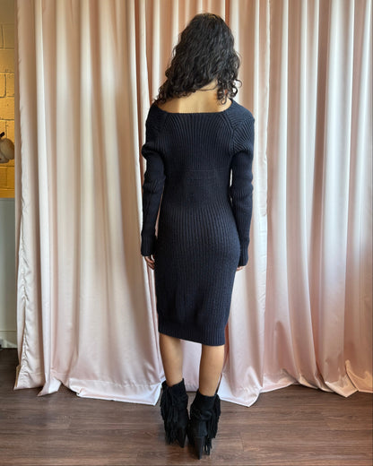 Italian Designer Navy Off The Shoulder Long Sleeve Knit Dress