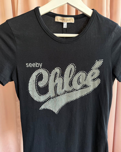 See by Chloé Black Rhinestone Logo T-Shirt