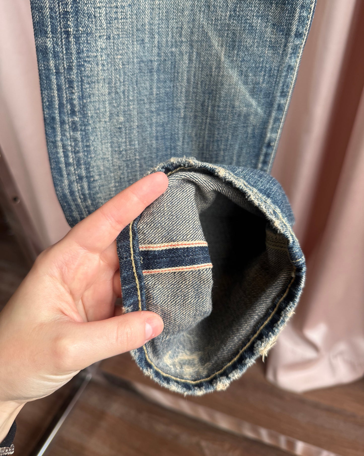 Japanese Brand Selvedge Cinch Back Faded Repaired Denim